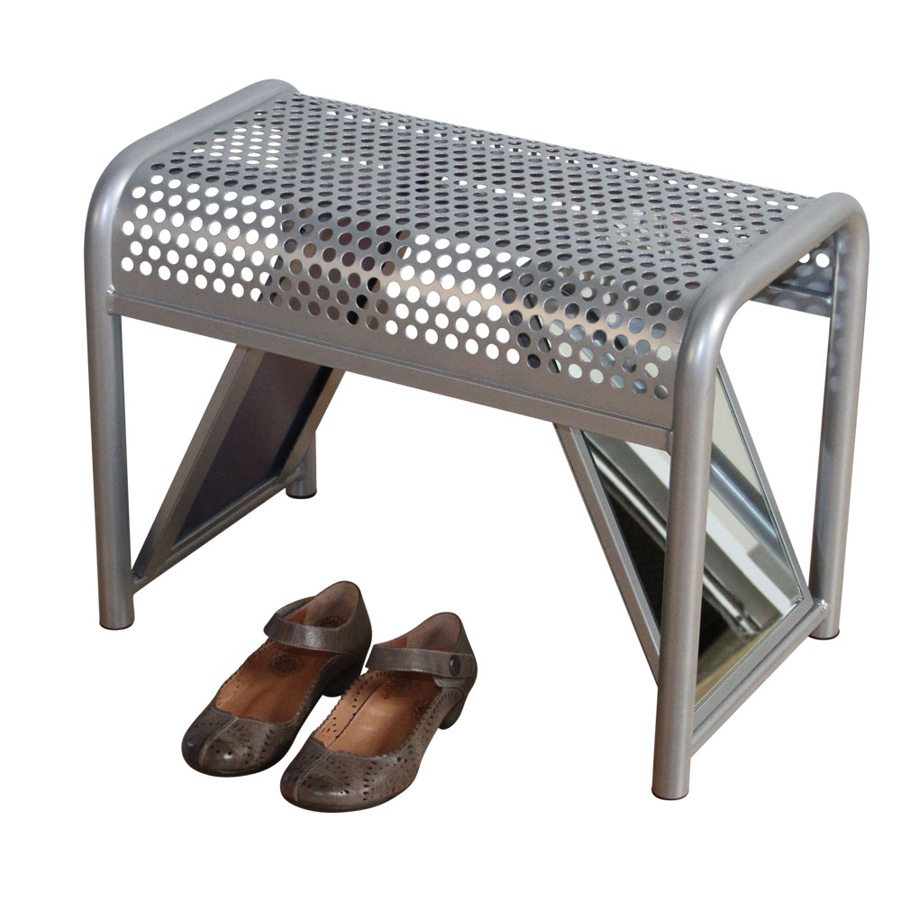 Silver Metal Try-on Shoe Bench With Mirrors